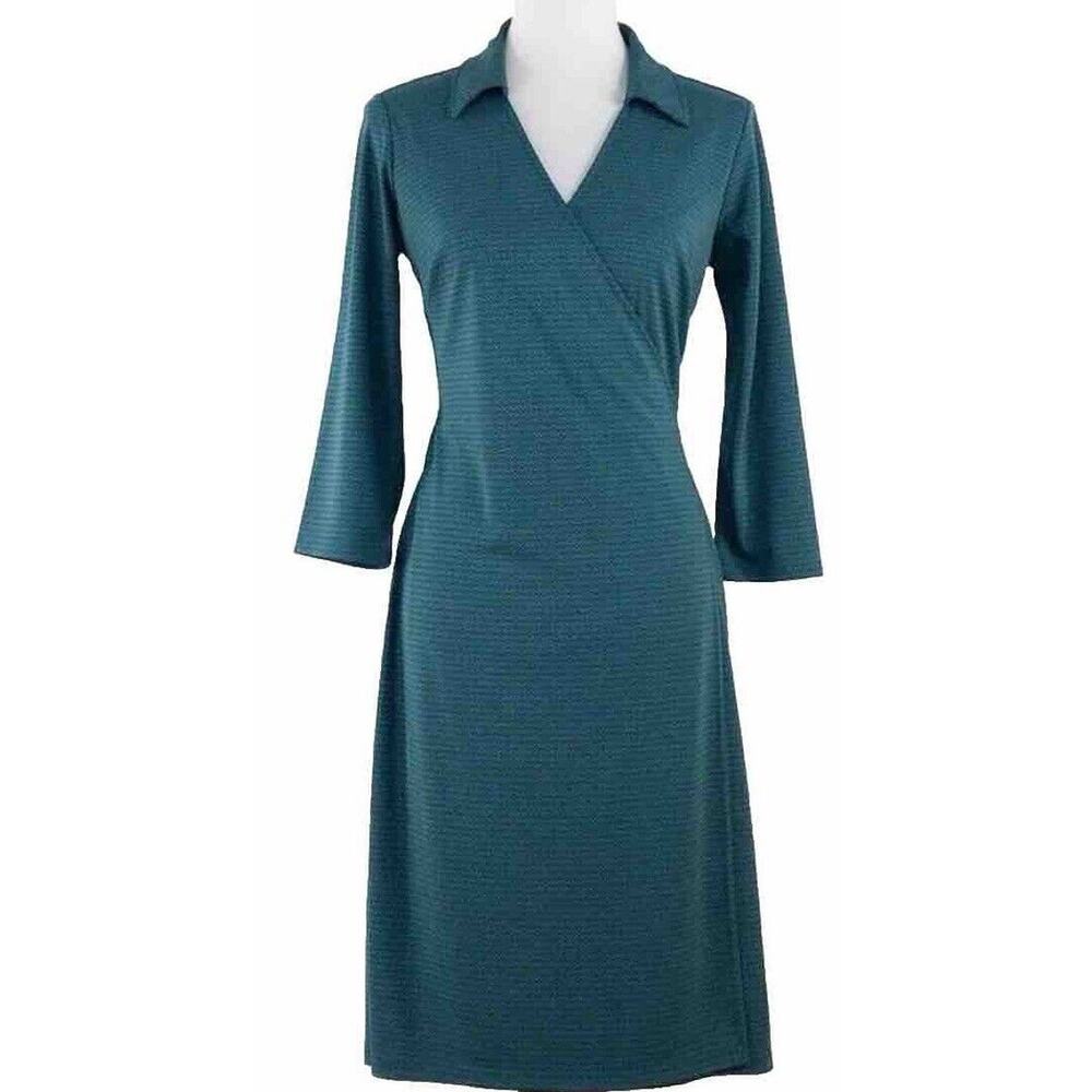 LOFT Size 2 Teal Green Black Printed Wrap Dress Long Sleeve
